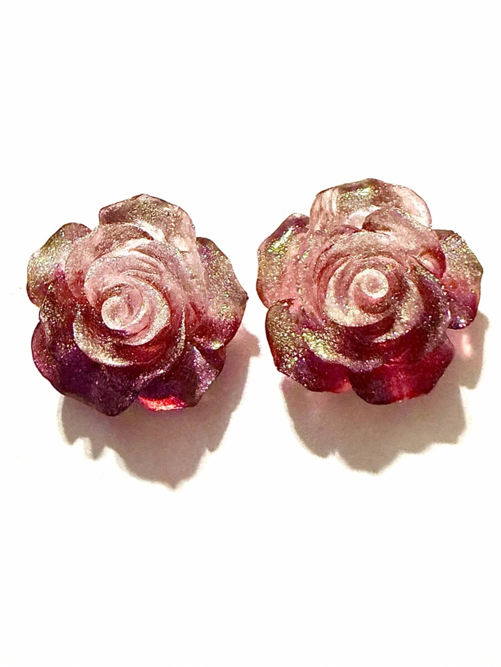 Pink & Red Glitter Rose Stud Earrings